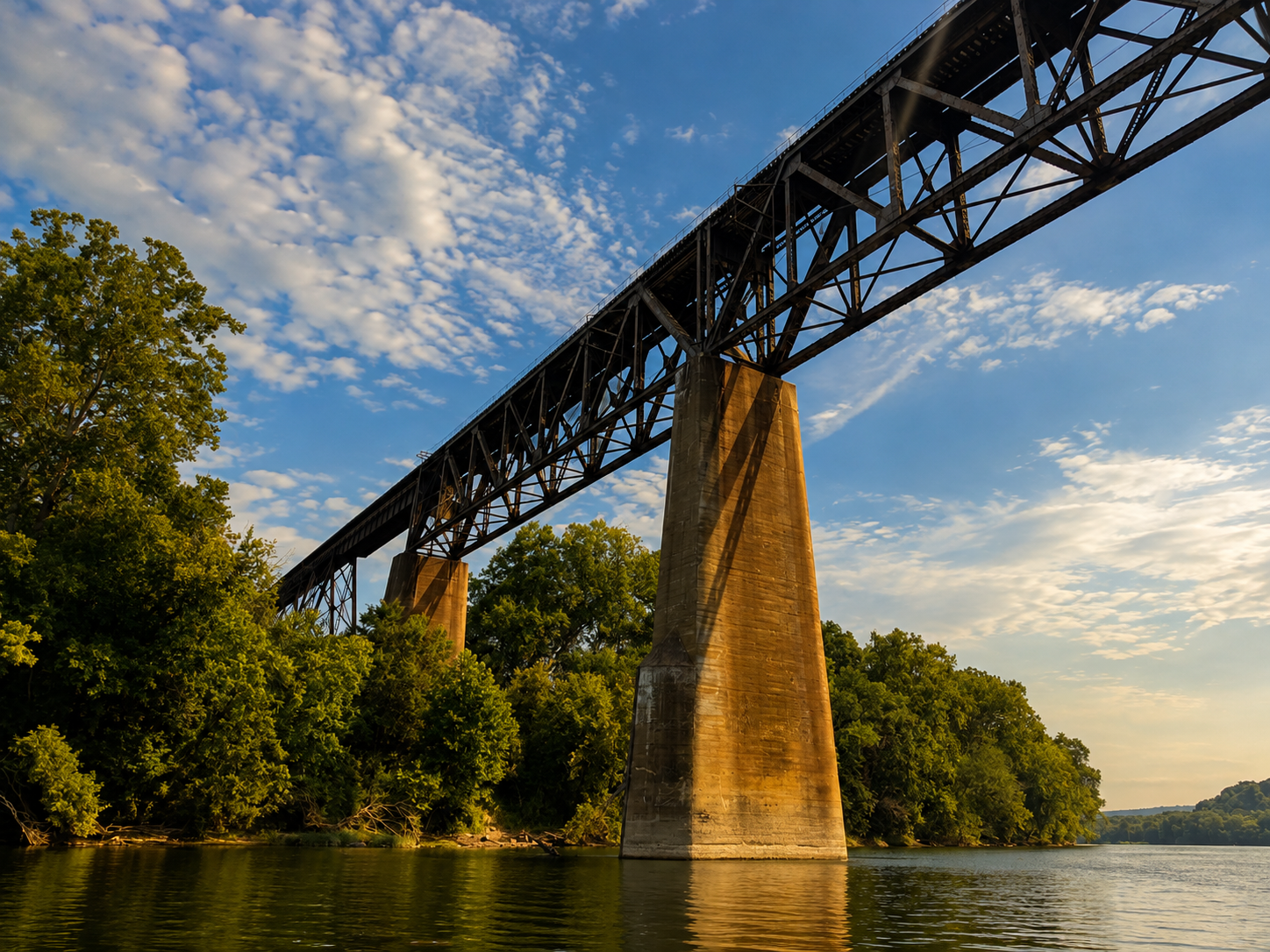 Steel railroad bridge crossing a tree-lined river