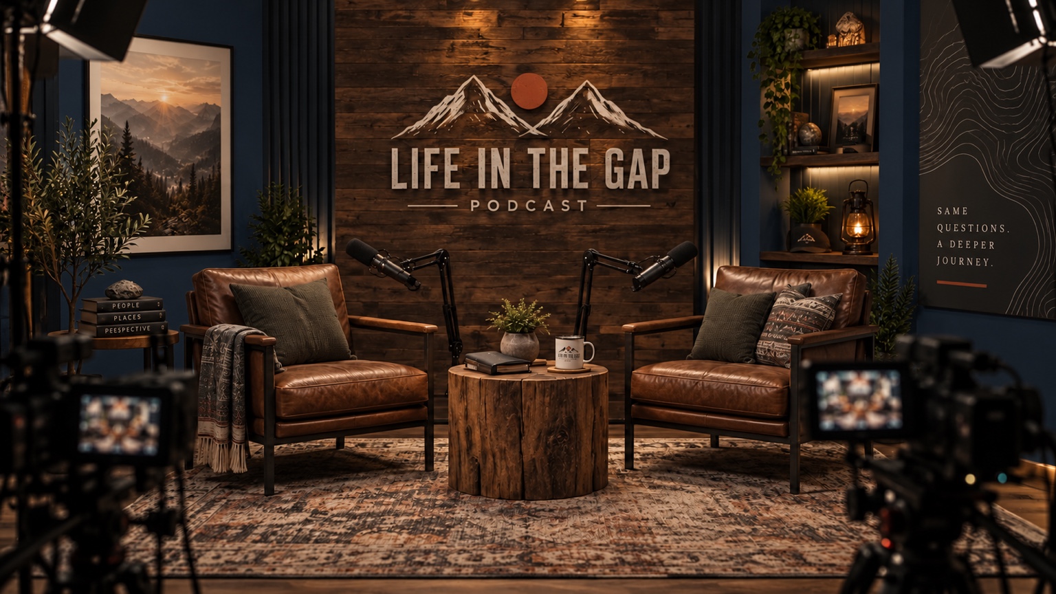 Life in the Gap podcast studio with two leather chairs and microphones