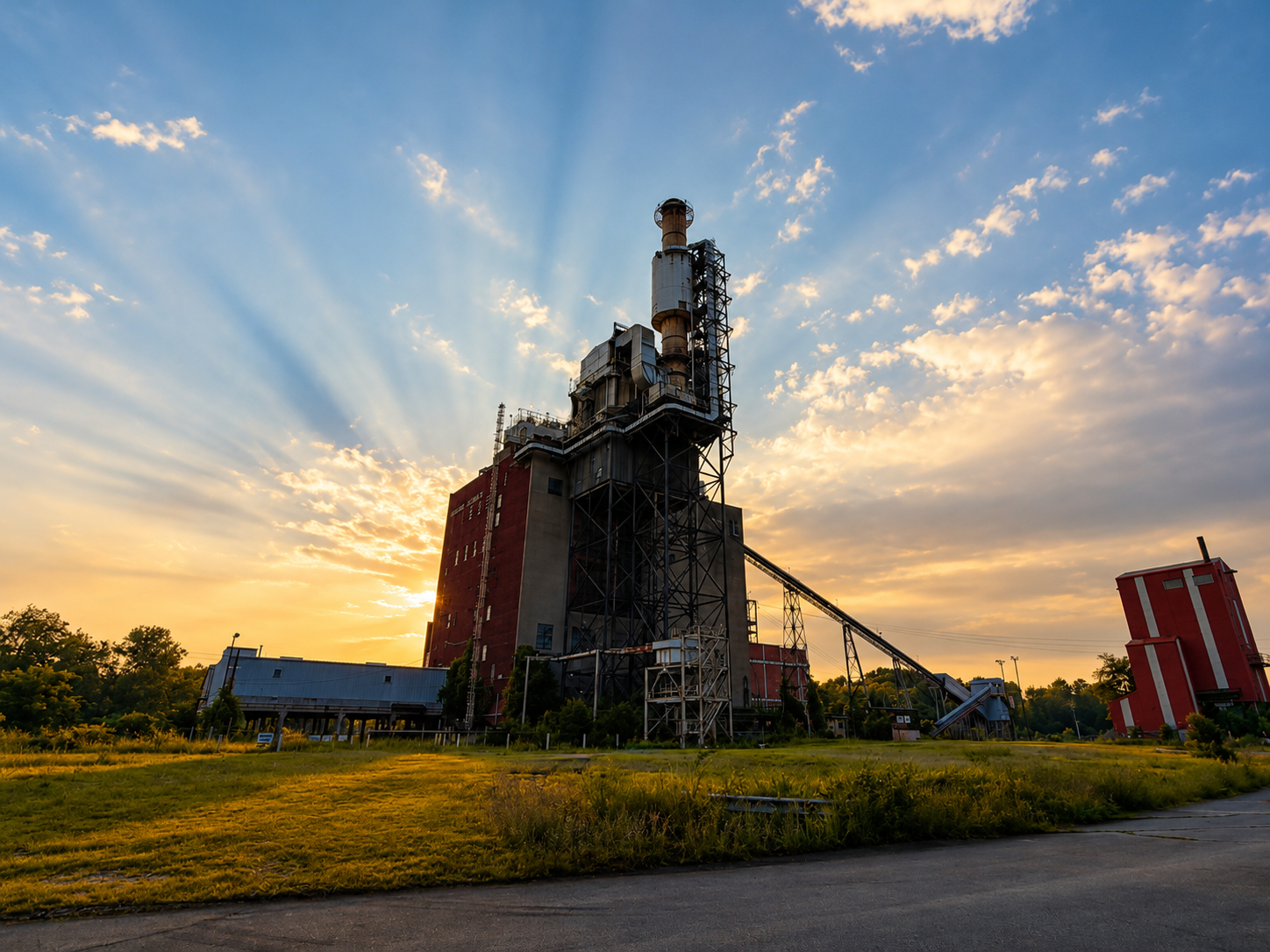 Industrial structure beneath dramatic sunset light