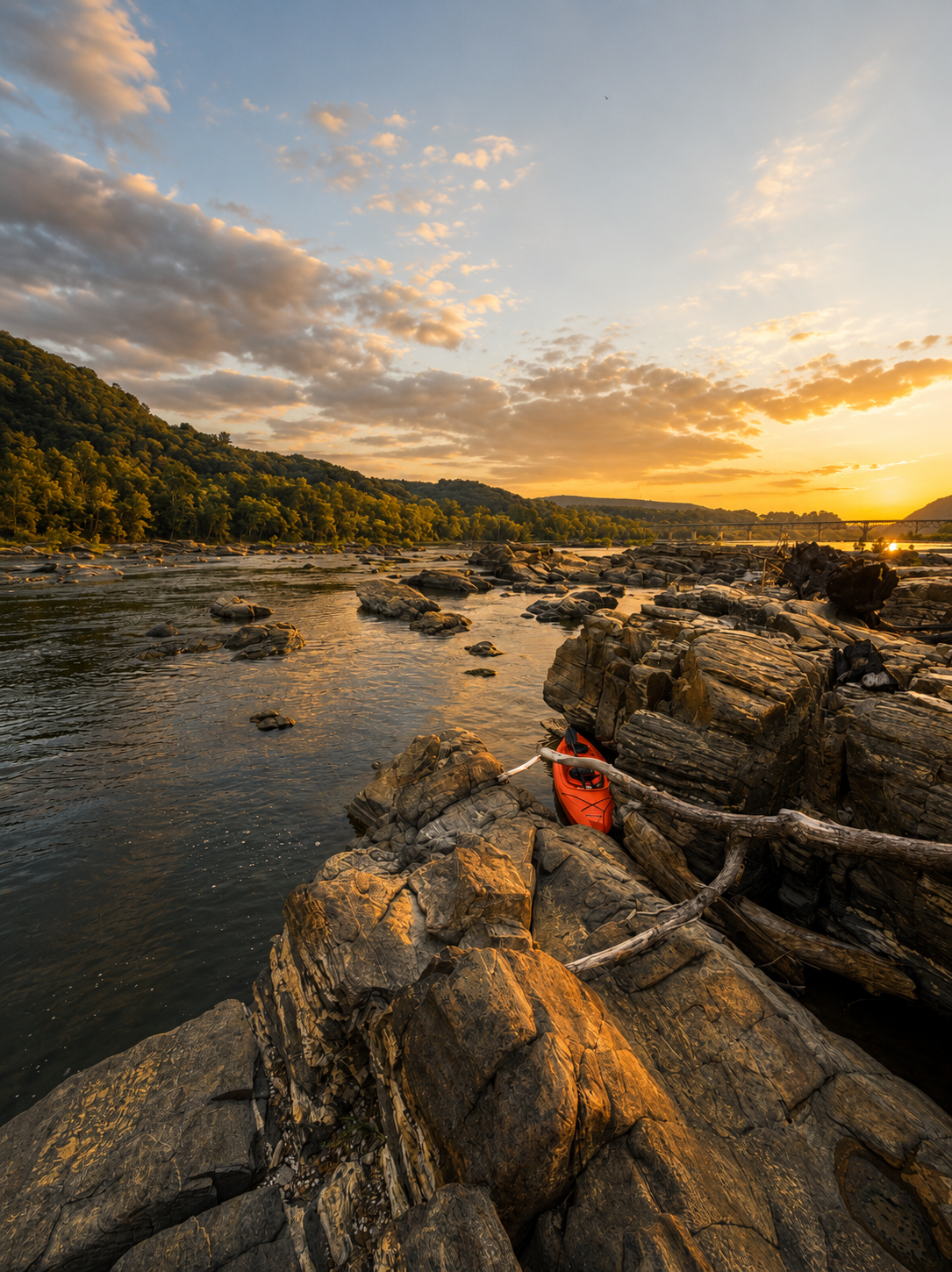 Person overlooking a river at sunset